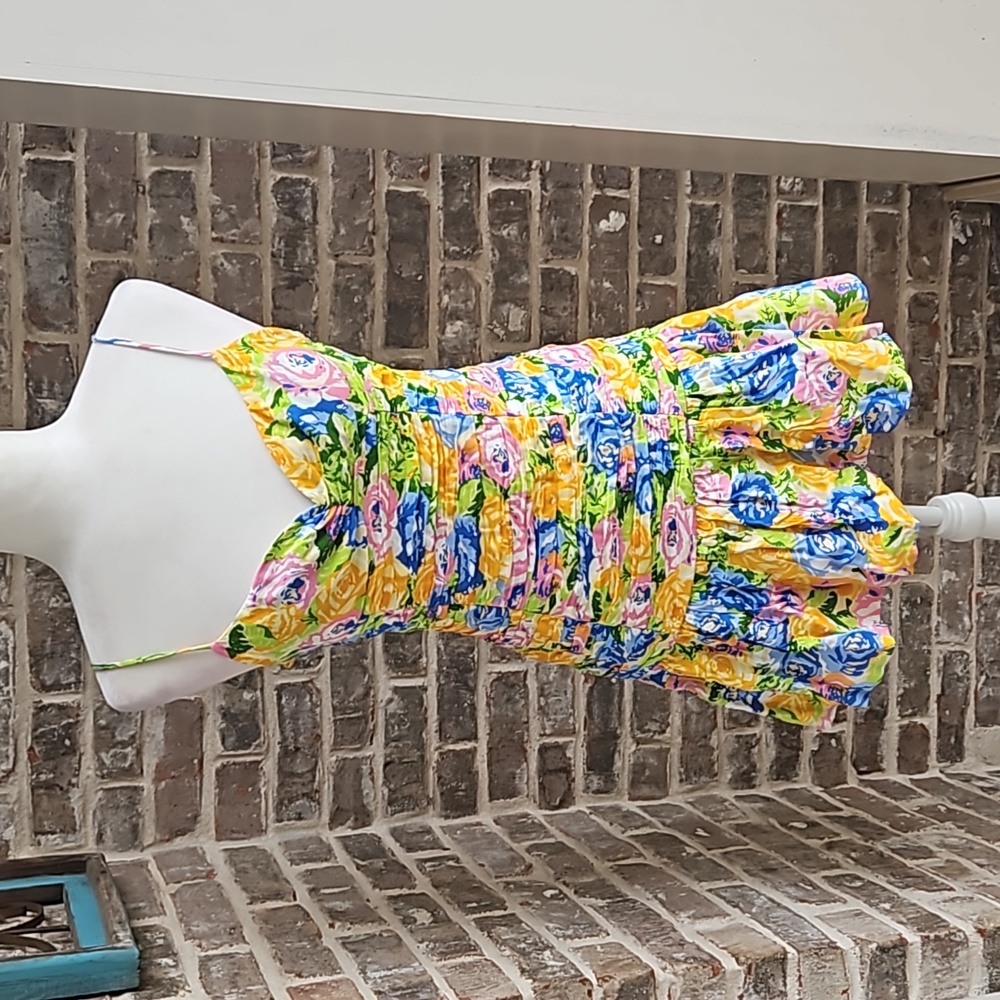 Zara Yellow Floral Ruched Mini Dress with Blue & Pink Accents